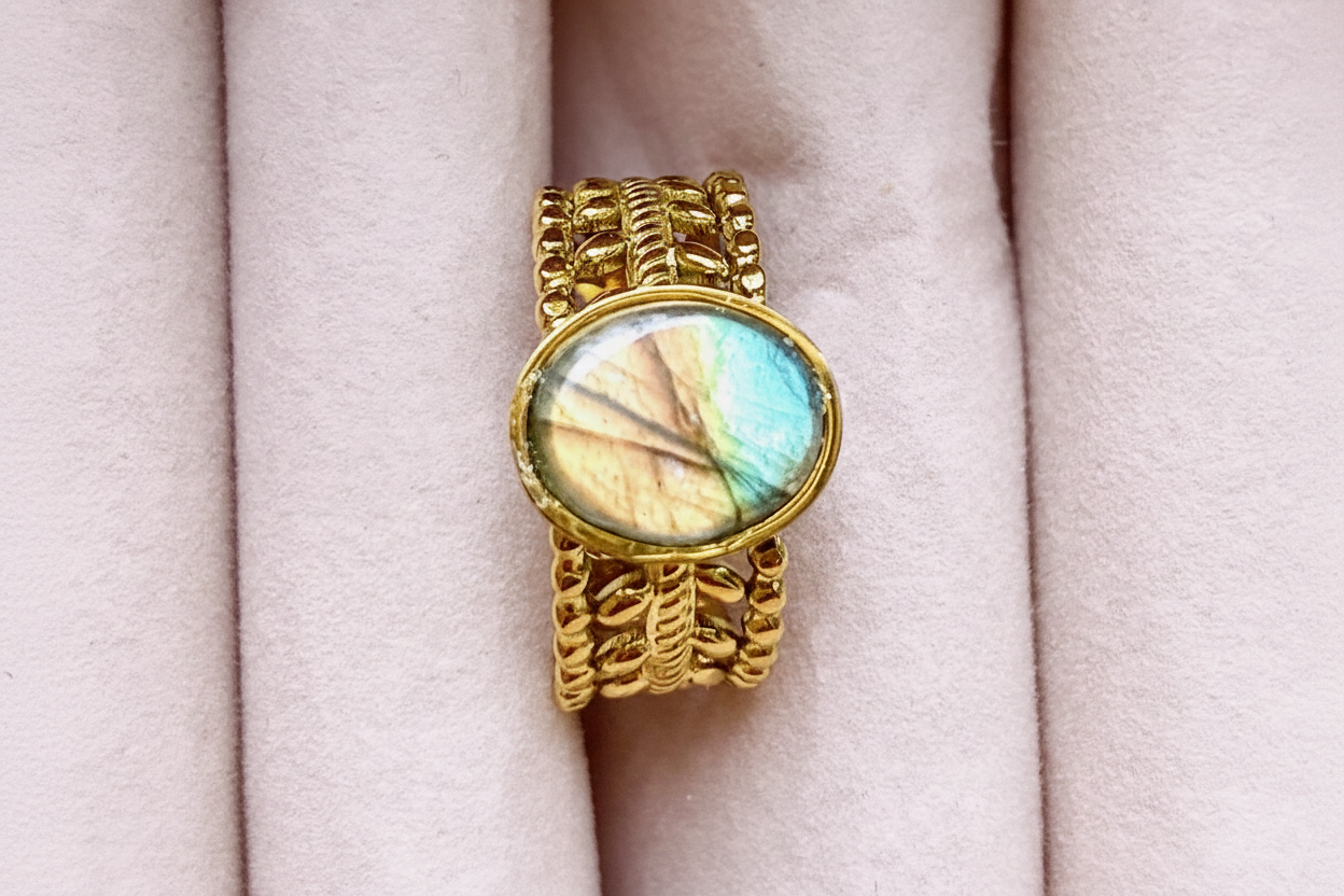 Bague labradorite — fond rose poudré v2