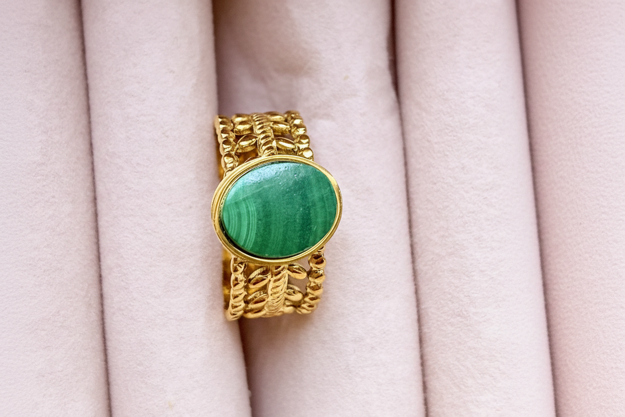 Bague malachite — fond rose poudré