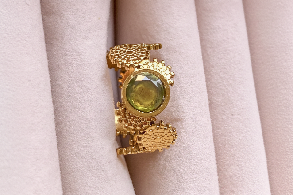 Bague péridot — fond rose poudré v2
