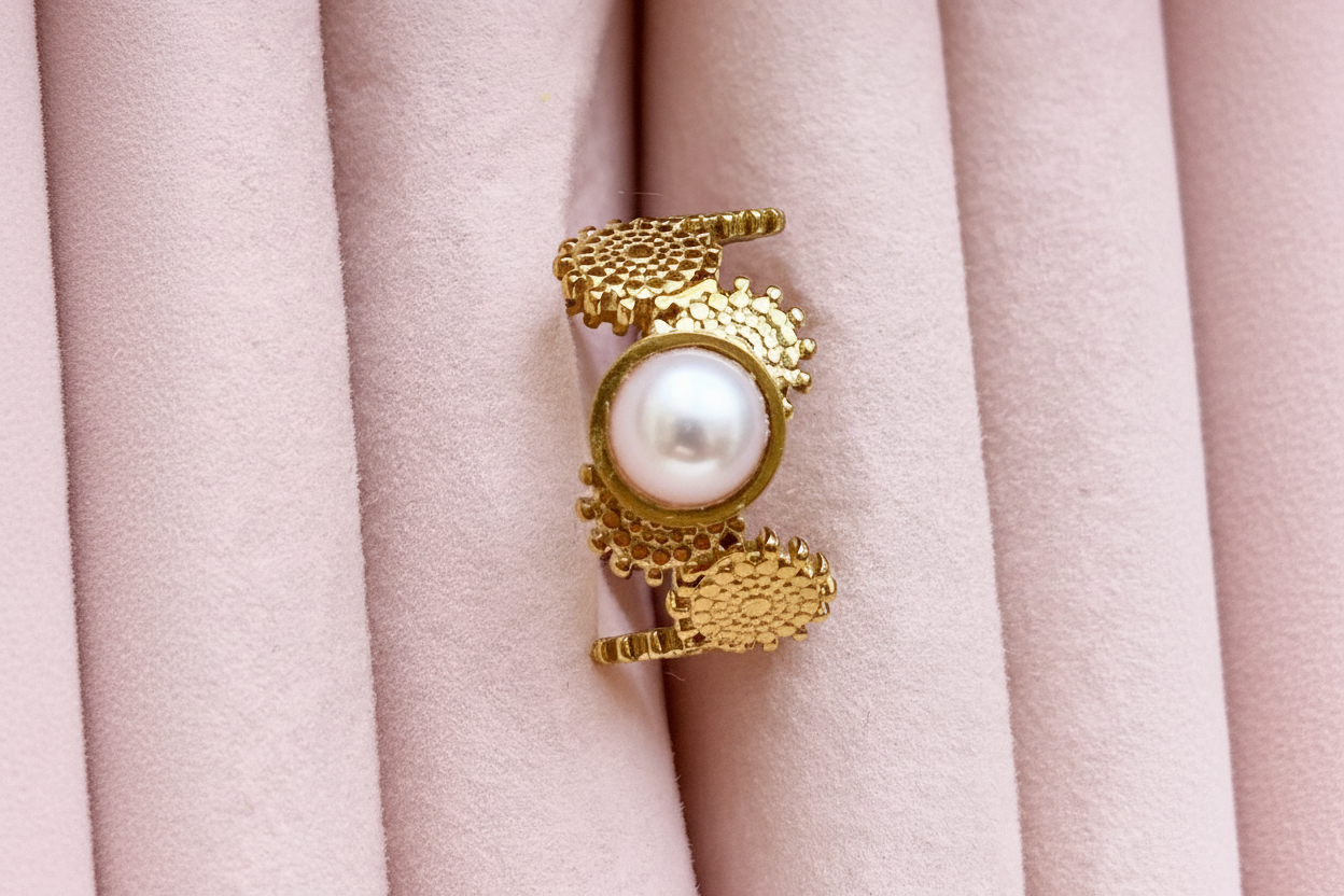 Bague perle dorée — fond rose poudré