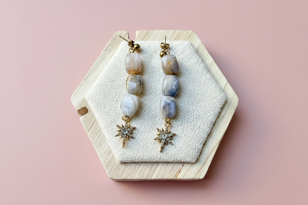 Boucles étoile agate — fond rose poudré v2
