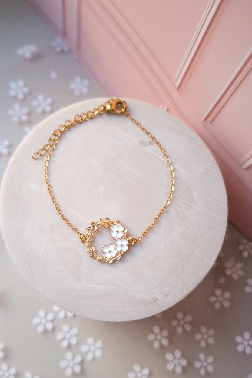 Bracelet couronne fleurs - fond rose poudré