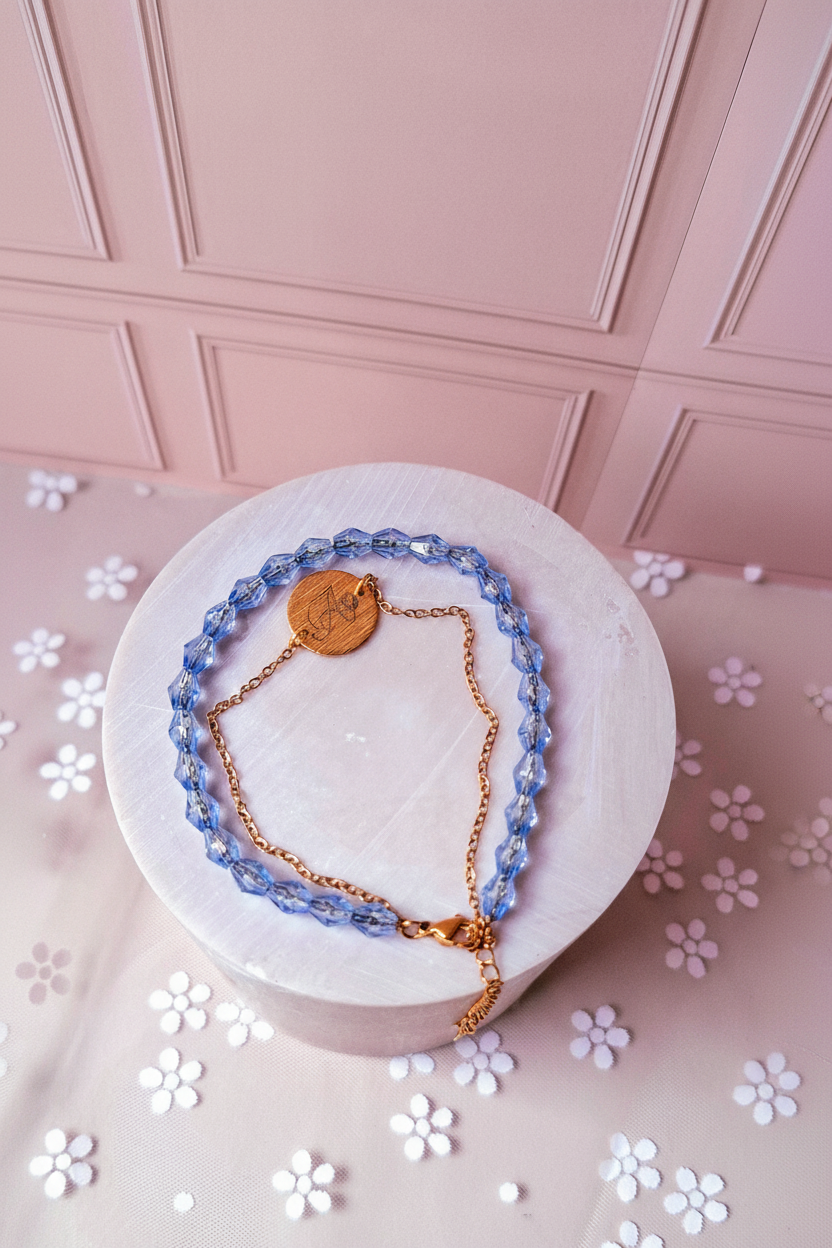 Bracelet double cristaux bleus et chaîne dorée