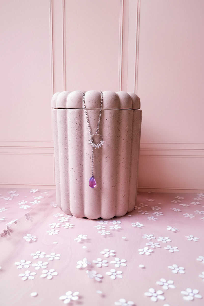 Collier argenté goutte violet-rose mur+sol rose poudré