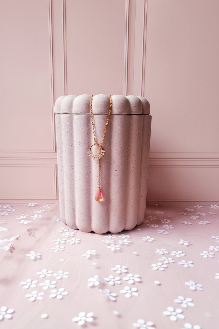 Collier doré goutte rose-corail mur+sol rose poudré